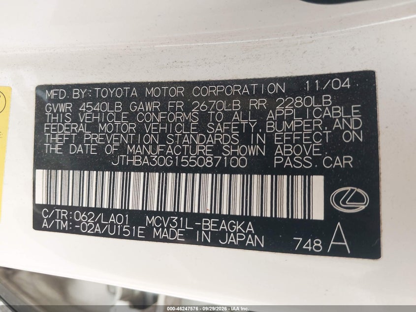 LEXUS ES 330 2005 VIN JTHBA30G155087100
