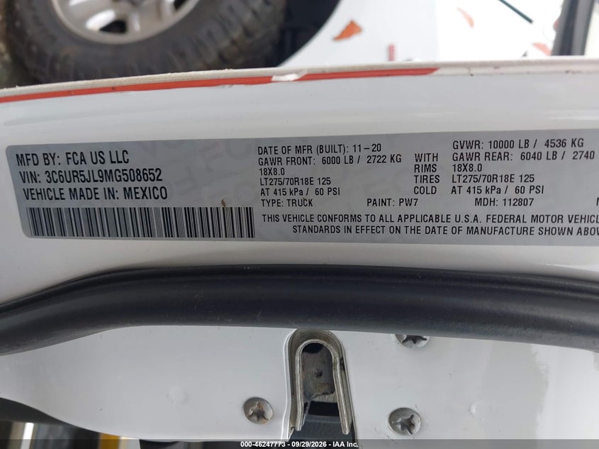 RAM 2500 2021 VIN 3C6UR5JL9MG508652