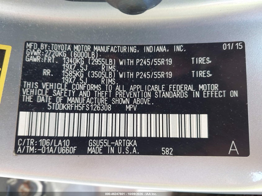 TOYOTA HIGHLANDER 2015 VIN 5TDDKRFH5FS126308