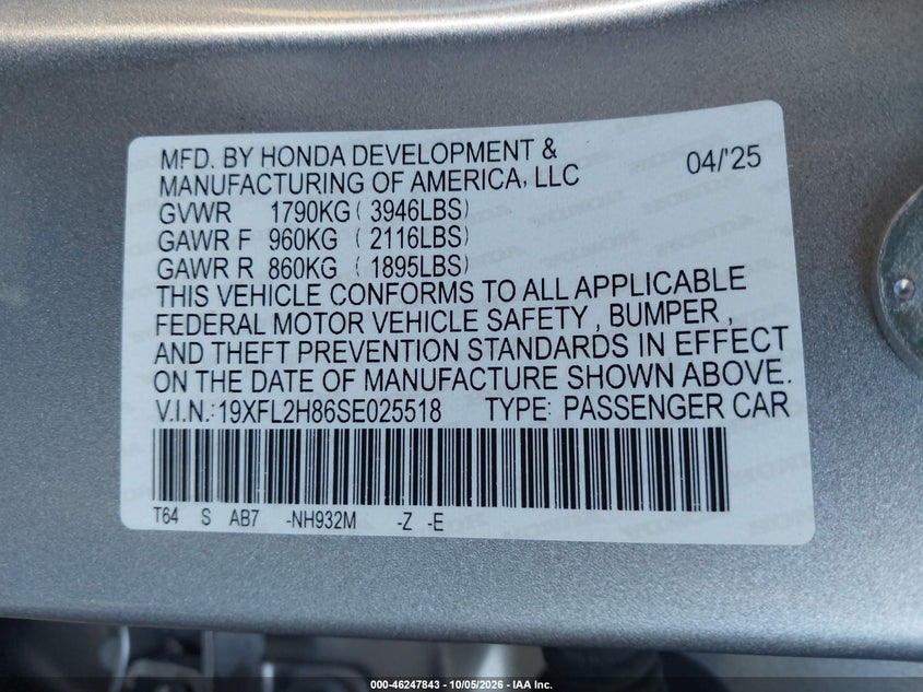 HONDA CIVIC SEDAN 2025 VIN 19XFL2H86SE025518