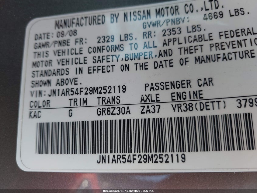 NISSAN GT-R 2009 VIN JN1AR54F29M252119