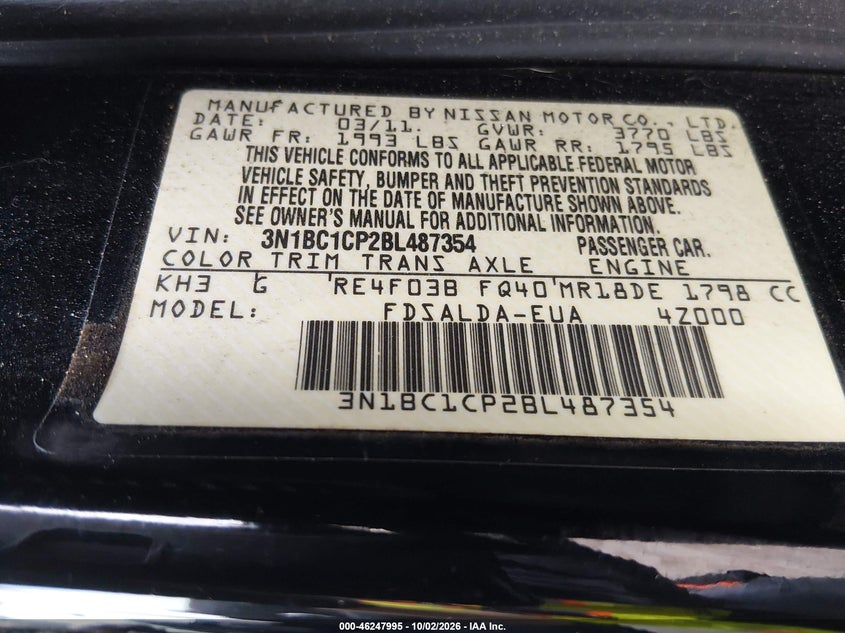 NISSAN VERSA 2011 VIN 3N1BC1CP2BL487354
