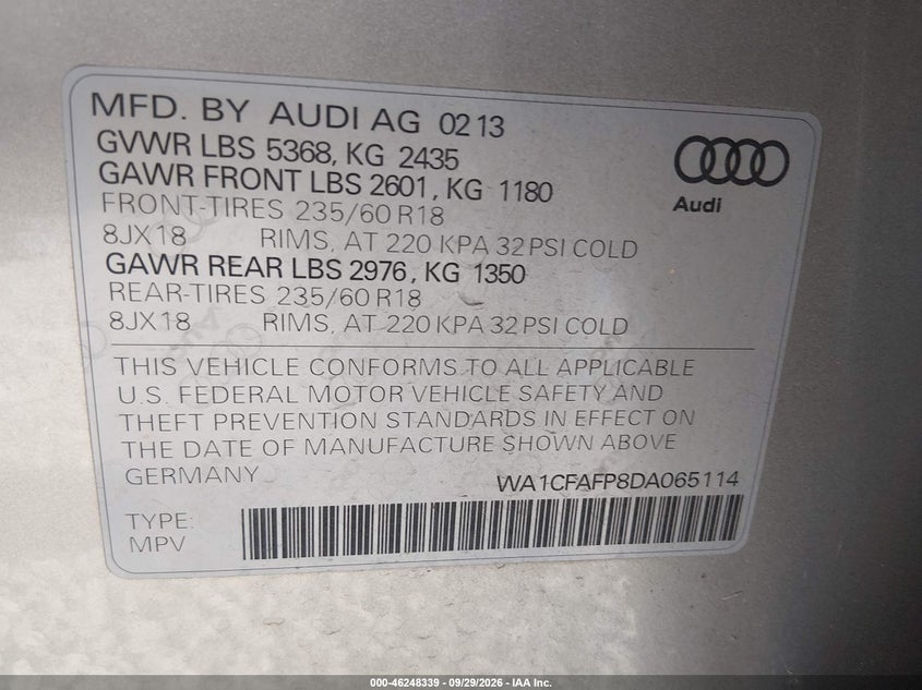 AUDI Q5 2013 VIN WA1CFAFP8DA065114