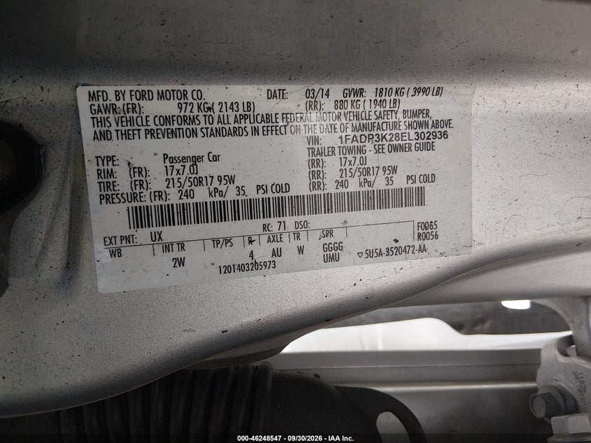FORD FOCUS 2014 VIN 1FADP3K28EL302936