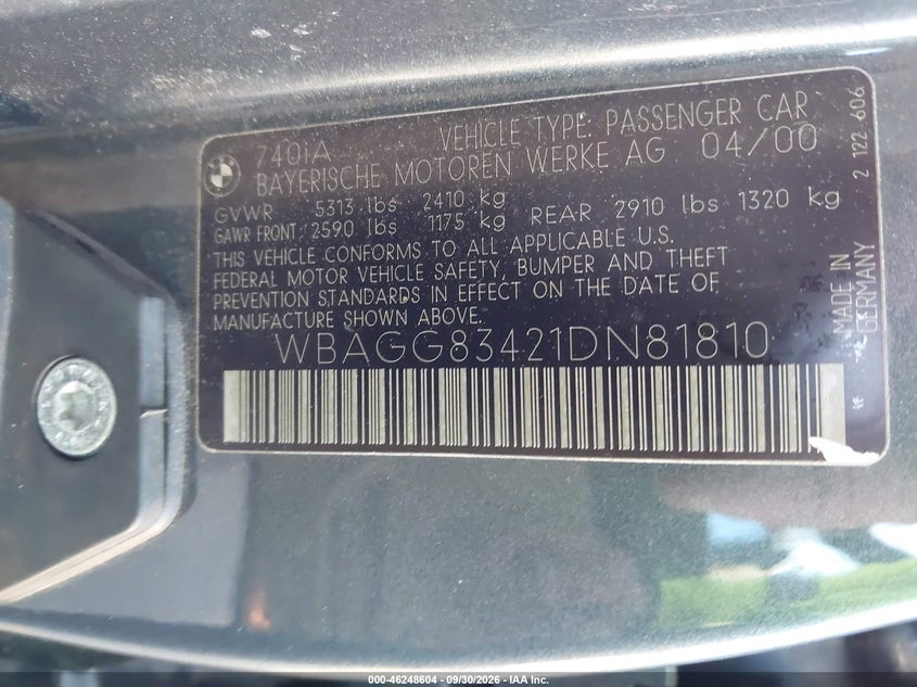 BMW 740IA 2001 VIN WBAGG83421DN81810