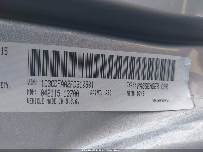 DODGE DART 2015 VIN 1C3CDFAA2FD310801