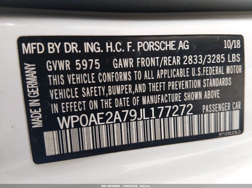 PORSCHE PANAMERA E-HYBRID 2018 VIN WP0AE2A79JL177272