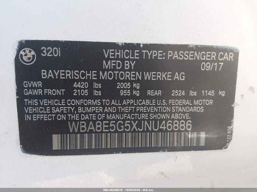 BMW 320I 2018 VIN WBA8E5G5XJNU46886