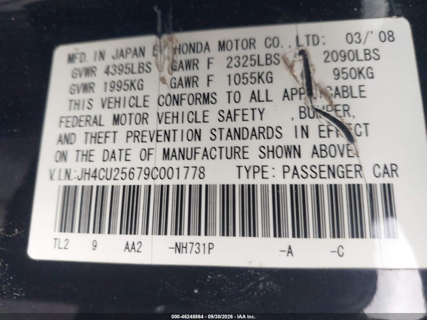 ACURA TSX 2009 VIN JH4CU25679C001778