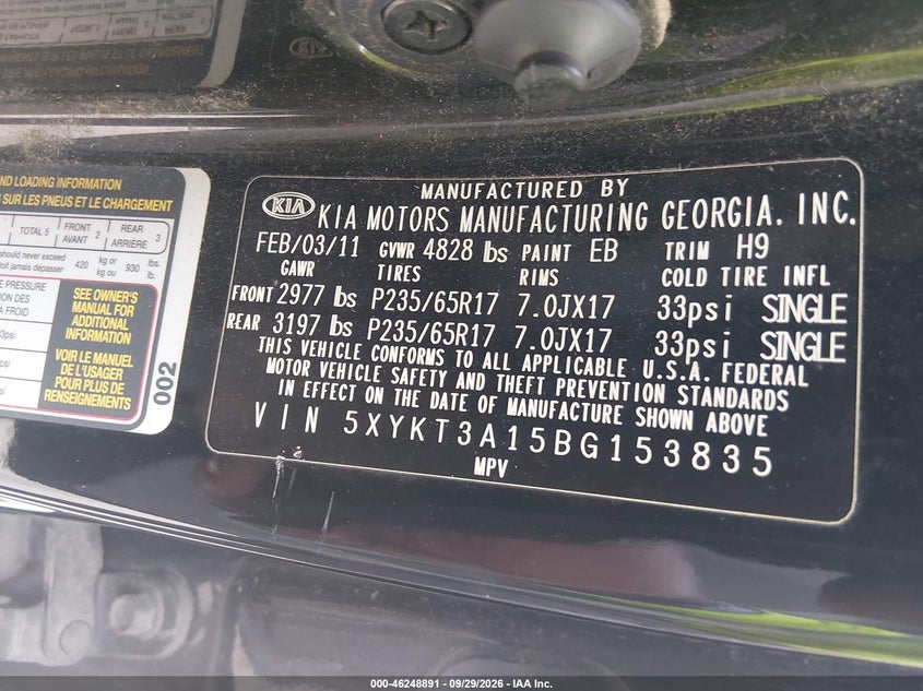 KIA SORENTO 2011 VIN 5XYKT3A15BG153835
