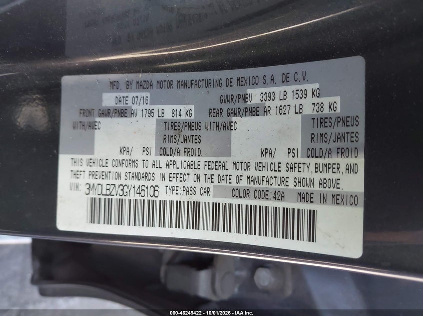 SCION IA 2016 VIN 3MYDLBZV3GY146106