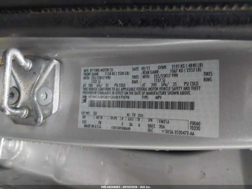 Vin: 1fmcu9g91gub17076, lot: 46749489, ford escape se 20164