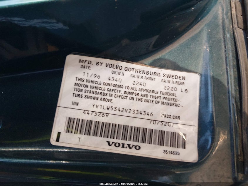 VOLVO 850 1997 VIN YV1LW5542V2334346