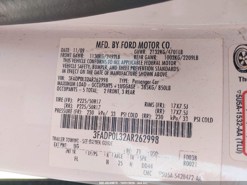 FORD FUSION HYBRID 2010 VIN 3FADP0L32AR262998