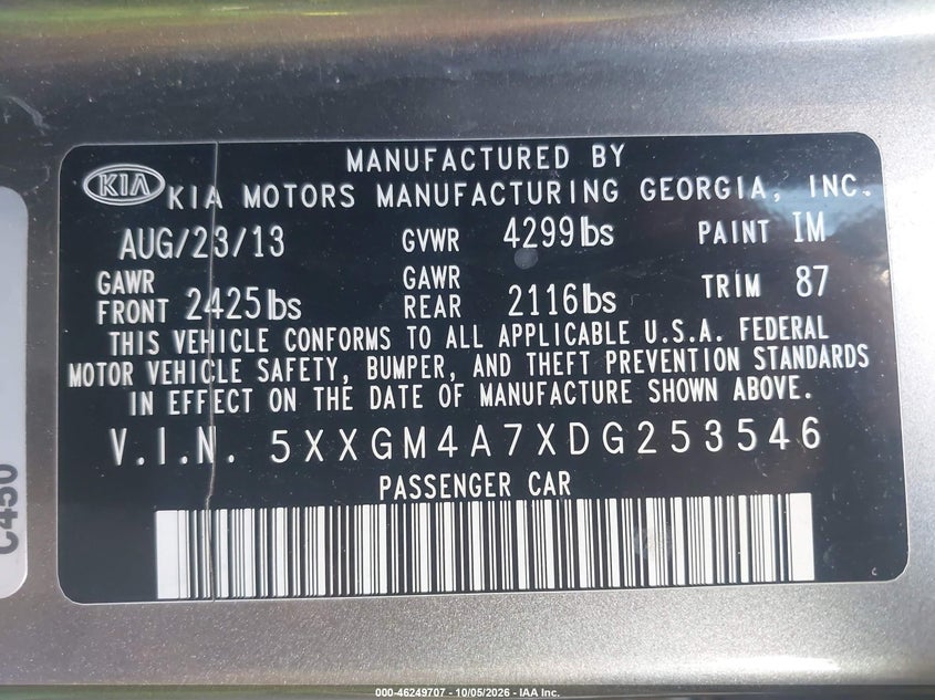 KIA OPTIMA 2013 VIN 5XXGM4A7XDG253546