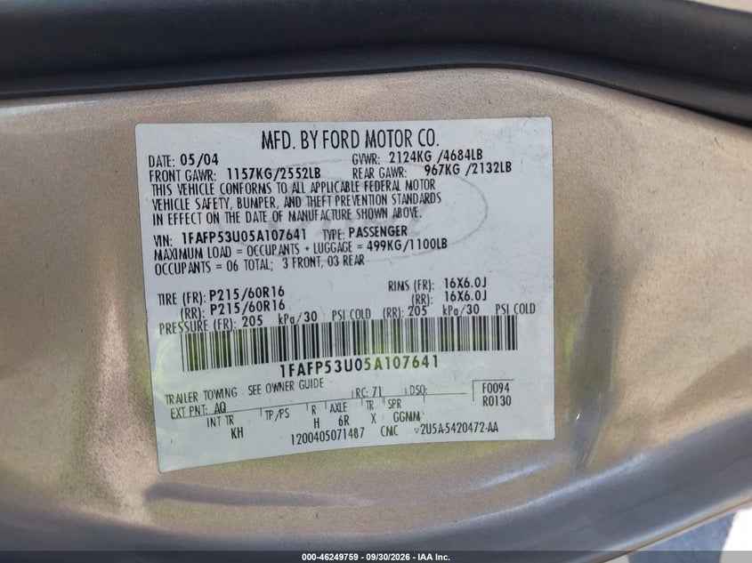FORD TAURUS 2005 VIN 1FAFP53U05A107641