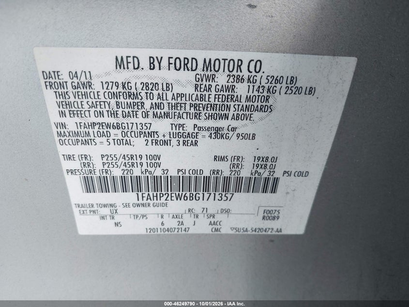 FORD TAURUS 2011 VIN 1FAHP2EW6BG171357