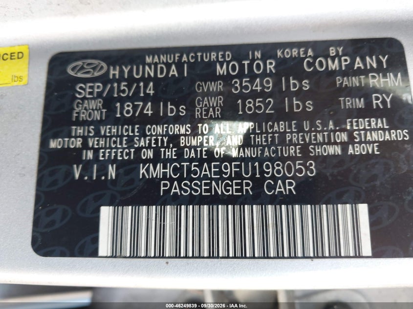HYUNDAI ACCENT 2015 VIN KMHCT5AE9FU198053