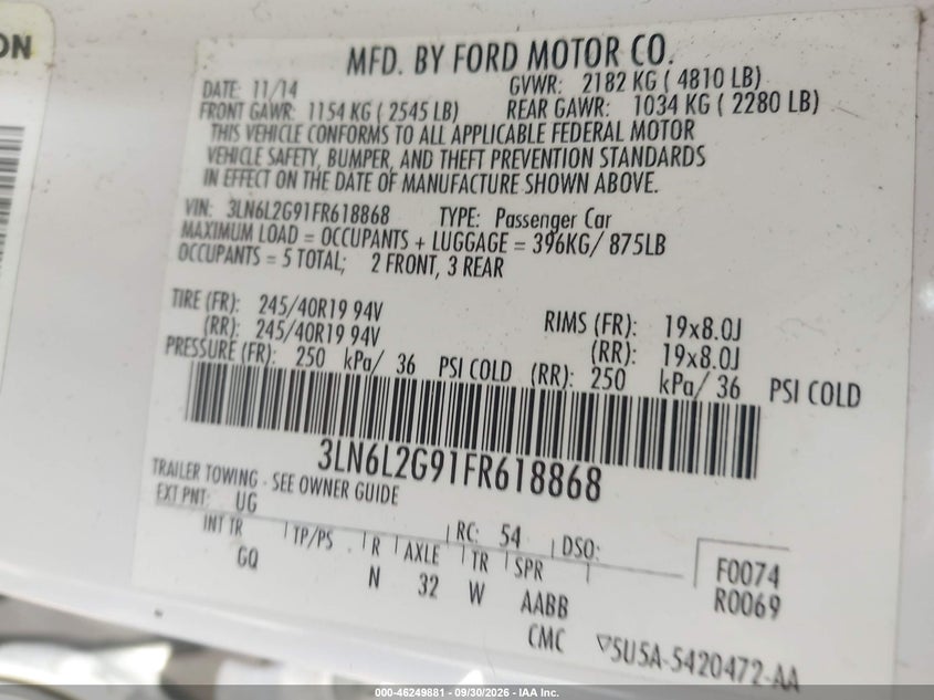 LINCOLN MKZ 2015 VIN 3LN6L2G91FR618868