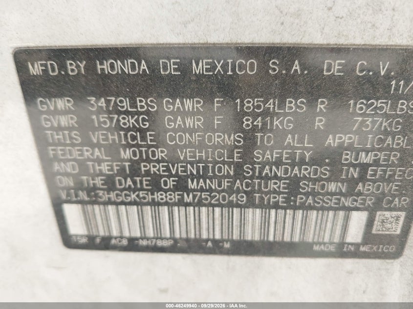 HONDA FIT 2015 VIN 3HGGK5H88FM752049