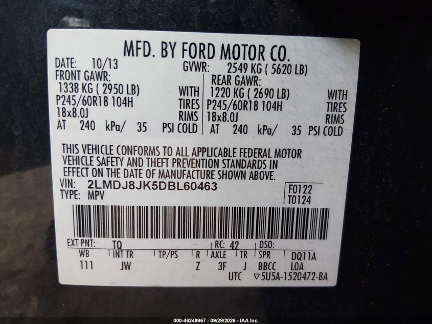 LINCOLN MKX 2013 VIN 2LMDJ8JK5DBL60463