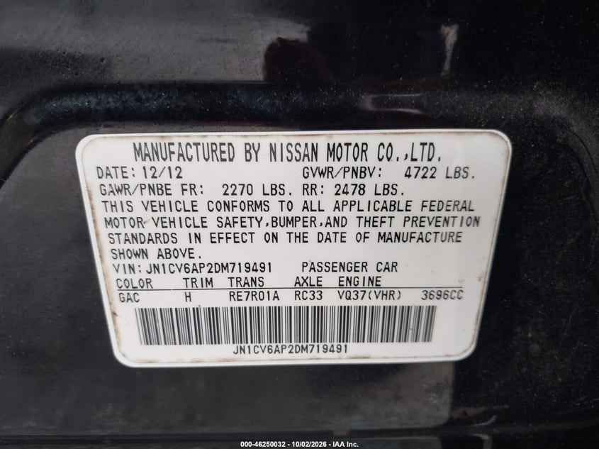INFINITI G37 2013 VIN JN1CV6AP2DM719491
