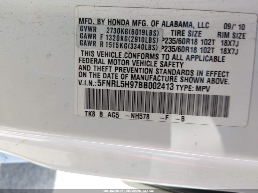 HONDA ODYSSEY 2011 VIN 5FNRL5H97BB002413