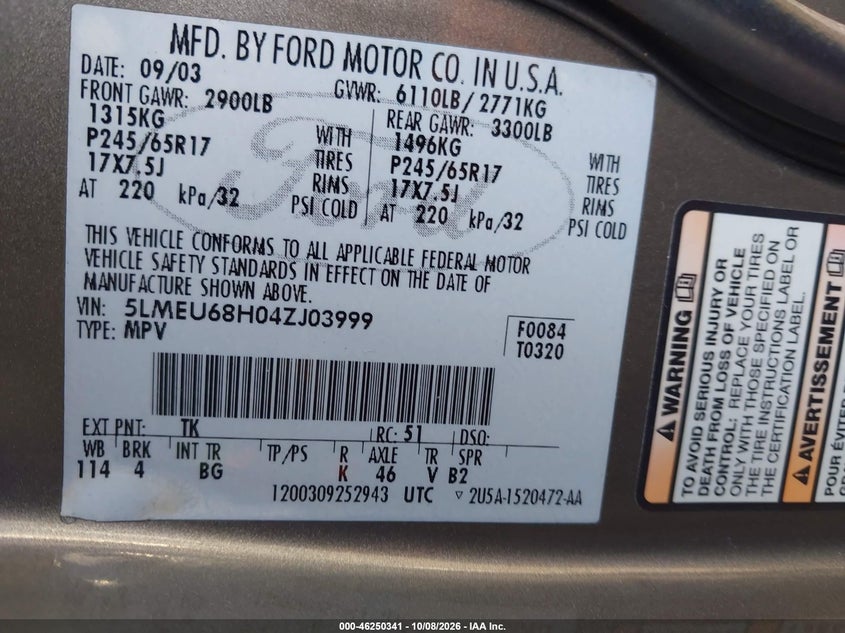 LINCOLN AVIATOR 2004 VIN 5LMEU68H04ZJ03999