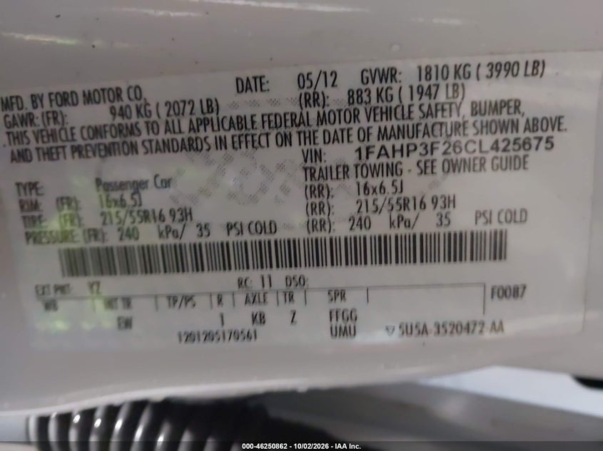 FORD FOCUS 2012 VIN 1FAHP3F26CL425675
