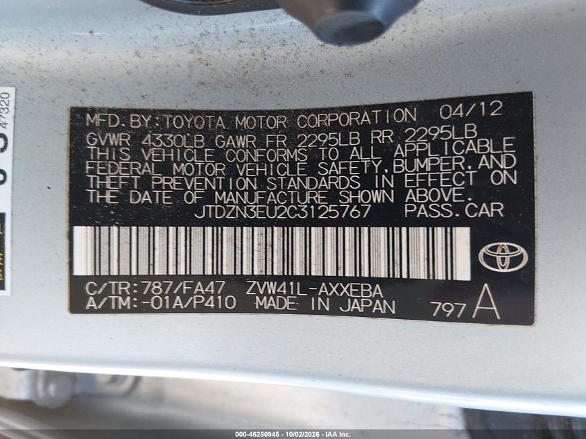 TOYOTA PRIUS V 2012 VIN JTDZN3EU2C3125767