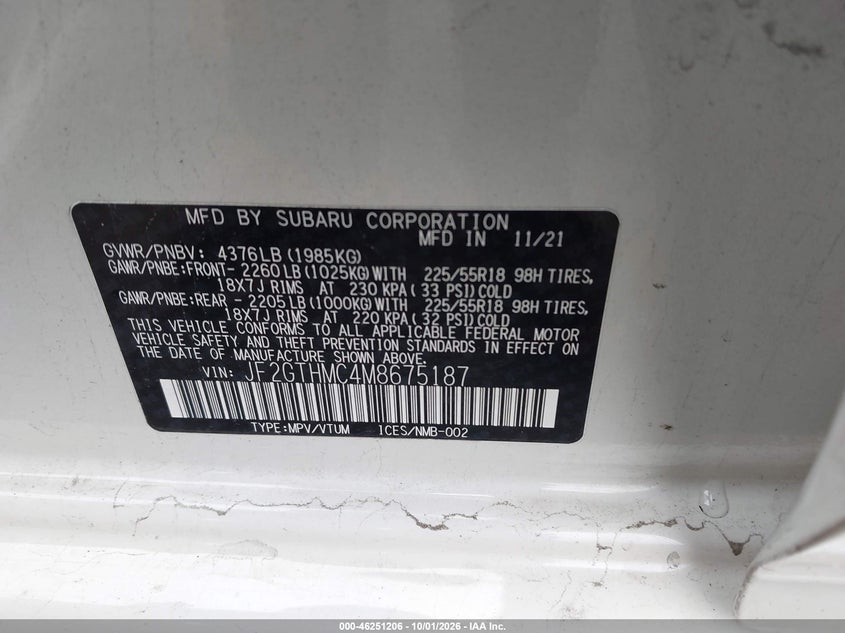 SUBARU CROSSTREK 2021 VIN JF2GTHMC4M8675187