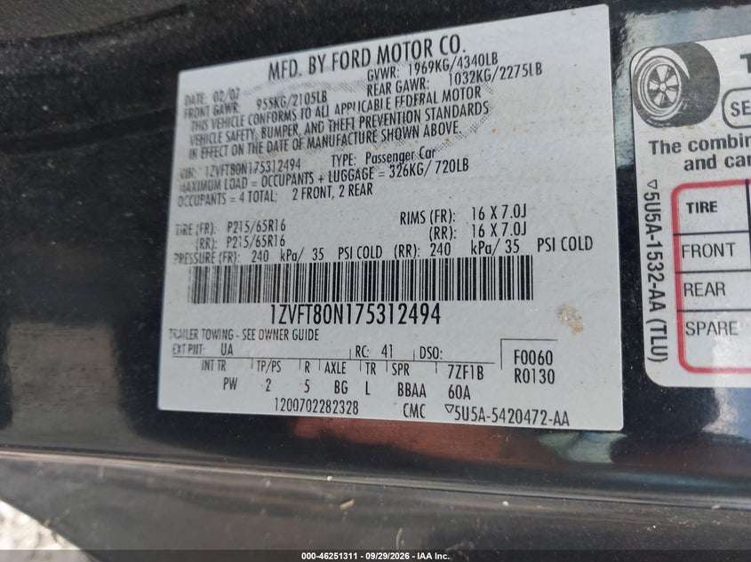 FORD MUSTANG 2007 VIN 1ZVFT80N175312494