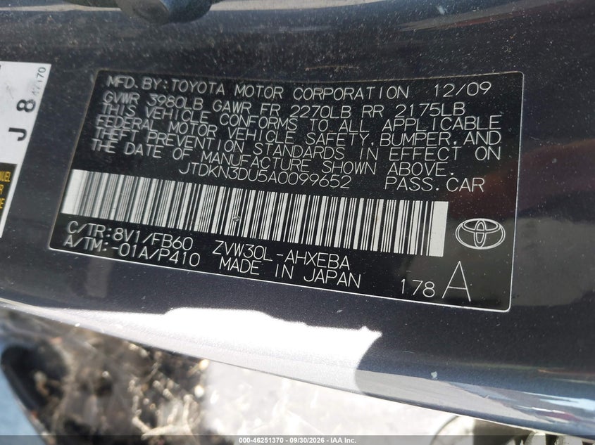TOYOTA PRIUS 2010 VIN JTDKN3DU5A0099652