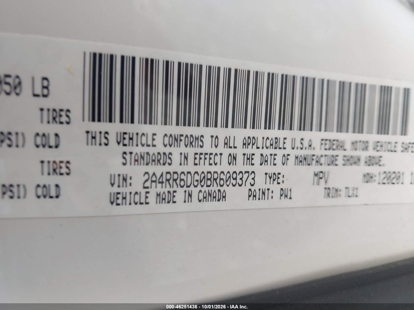 CHRYSLER TOWN & COUNTRY 2011 VIN 2A4RR6DG0BR609373