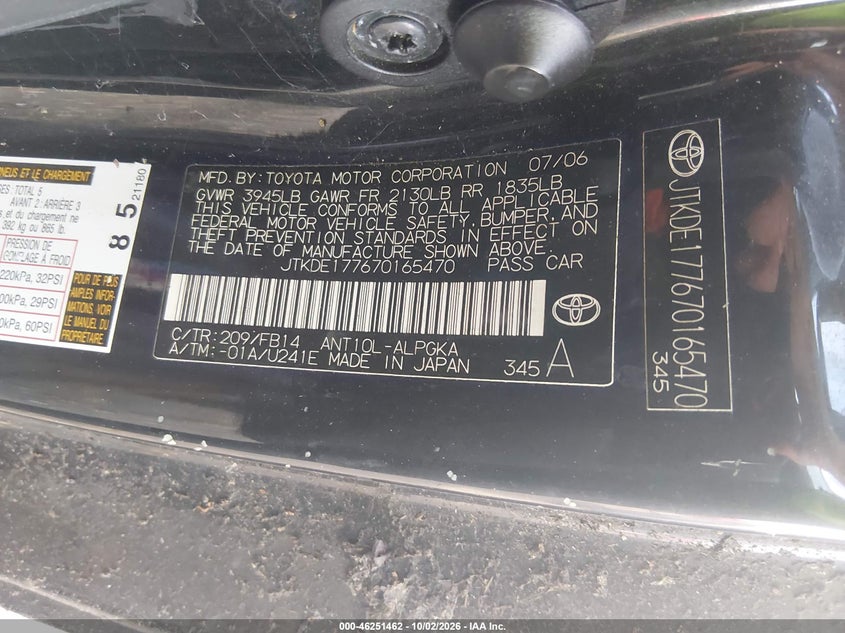 SCION TC 2007 VIN JTKDE177670165470