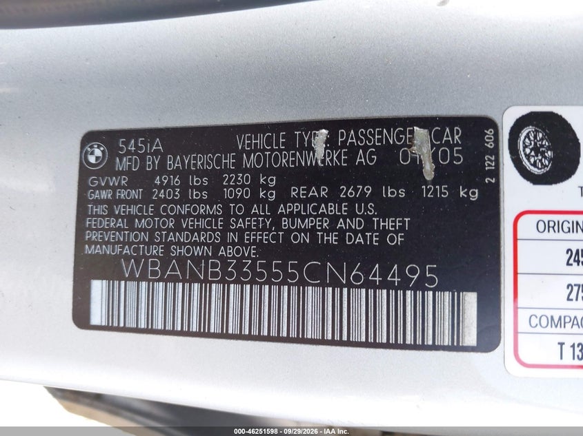 BMW 545I 2005 VIN WBANB33555CN64495