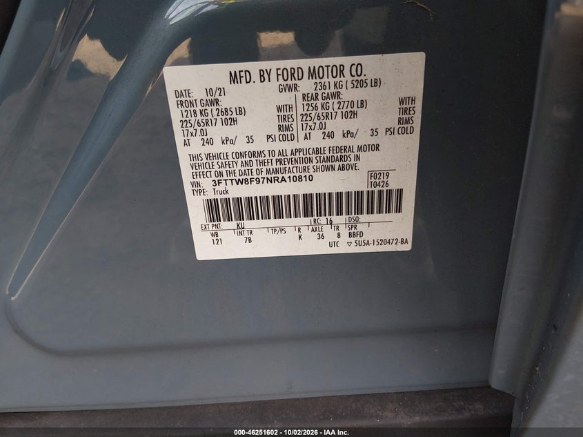 FORD MAVERICK 2022 VIN 3FTTW8F97NRA10810