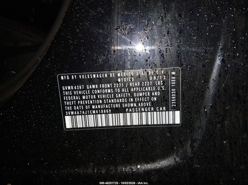 VOLKSWAGEN JETTA 2012 VIN 3VW4A7AJ1CM418869