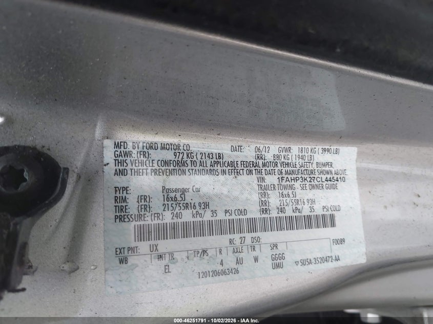 FORD FOCUS 2012 VIN 1FAHP3K27CL445410