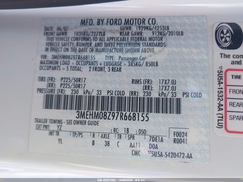 MERCURY MILAN 2007 VIN 3MEHM08Z97R668155
