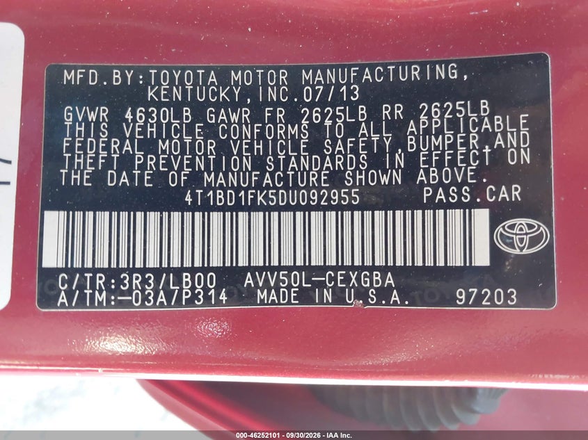 TOYOTA CAMRY HYBRID 2013 VIN 4T1BD1FK5DU092955