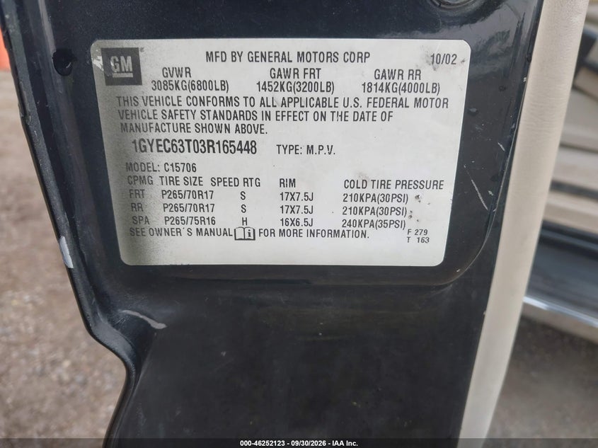 CADILLAC ESCALADE 2003 VIN 1GYEC63T03R165448