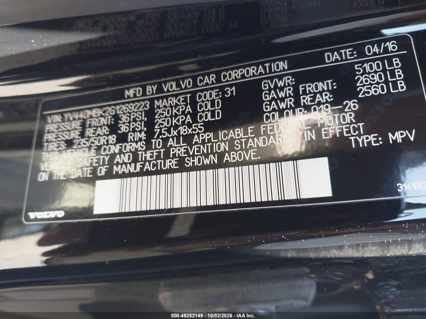 VOLVO XC70 2016 VIN YV440MBK2G1269223