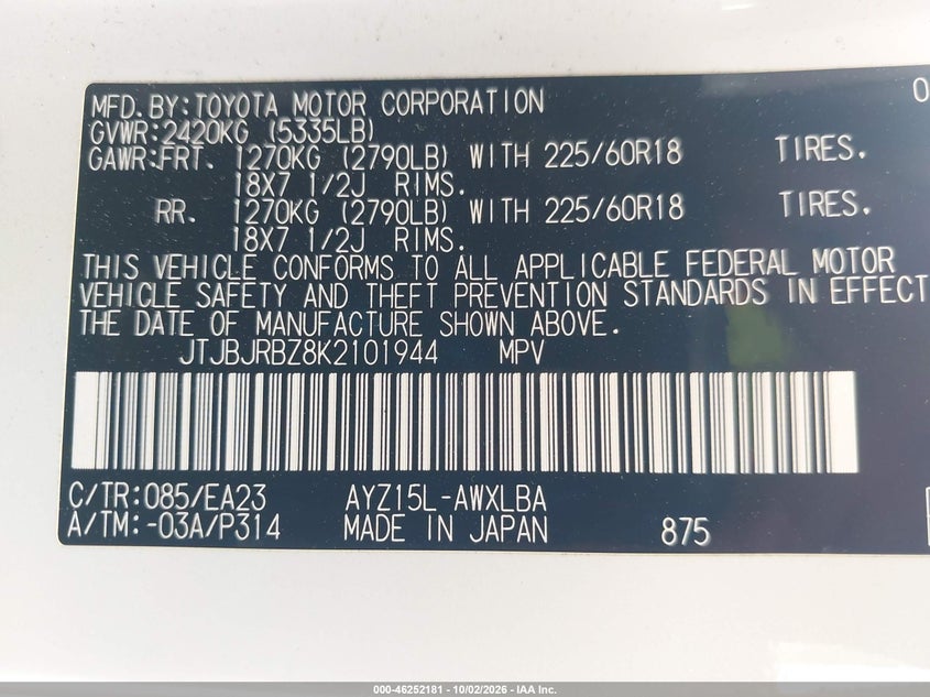 LEXUS NX 300H 2019 VIN JTJBJRBZ8K2101944