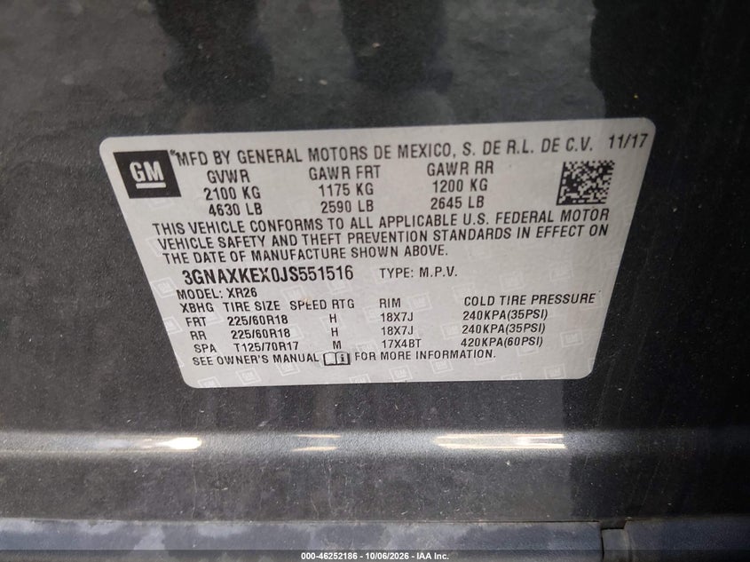 CHEVROLET EQUINOX 2018 VIN 3GNAXKEX0JS551516