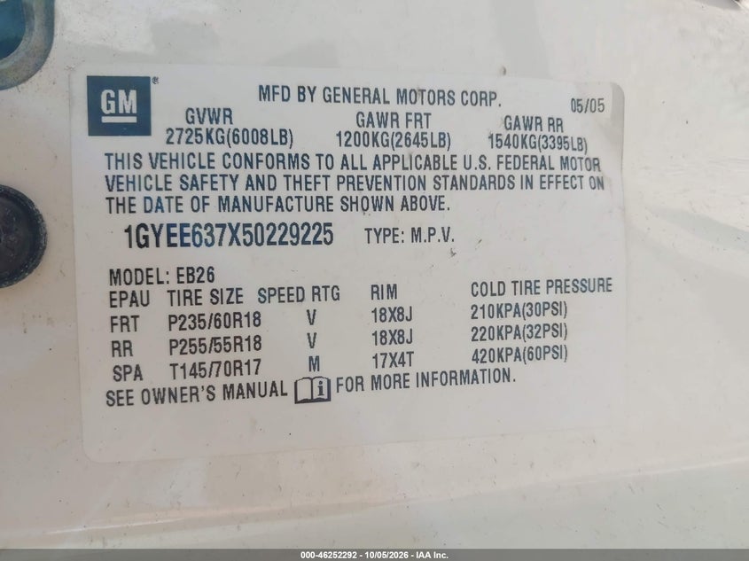 CADILLAC SRX 2005 VIN 1GYEE637X50229225