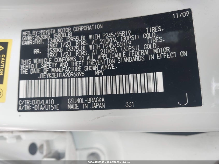 TOYOTA HIGHLANDER 2010 VIN JTEYK3EH1A2096896