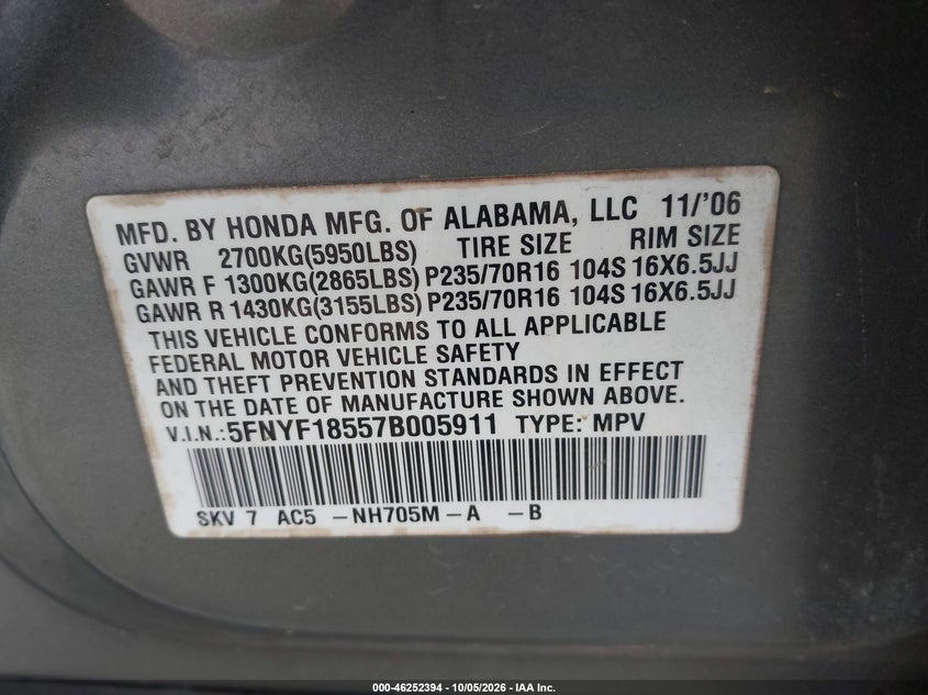 HONDA PILOT 2007 VIN 5FNYF18557B005911