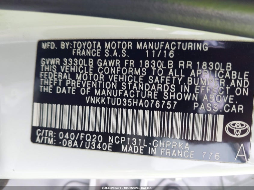 TOYOTA YARIS 2017 VIN VNKKTUD35HA076757