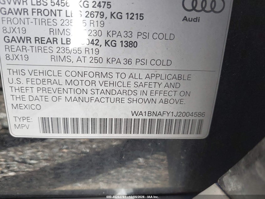 AUDI Q5 2018 VIN WA1BNAFY1J2004586